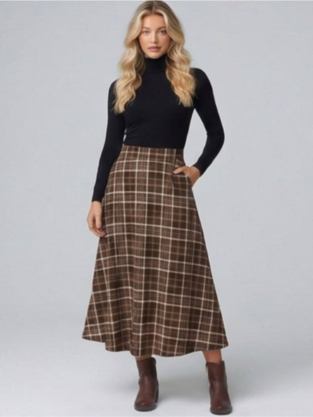 Brown Plaid A-Line Midi Skirt With Pockets